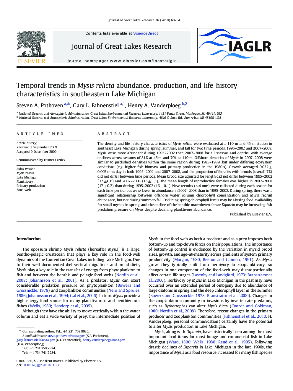 Temporal trends in Mysis relicta abundance, production, and life-history characteristics in southeastern Lake Michigan