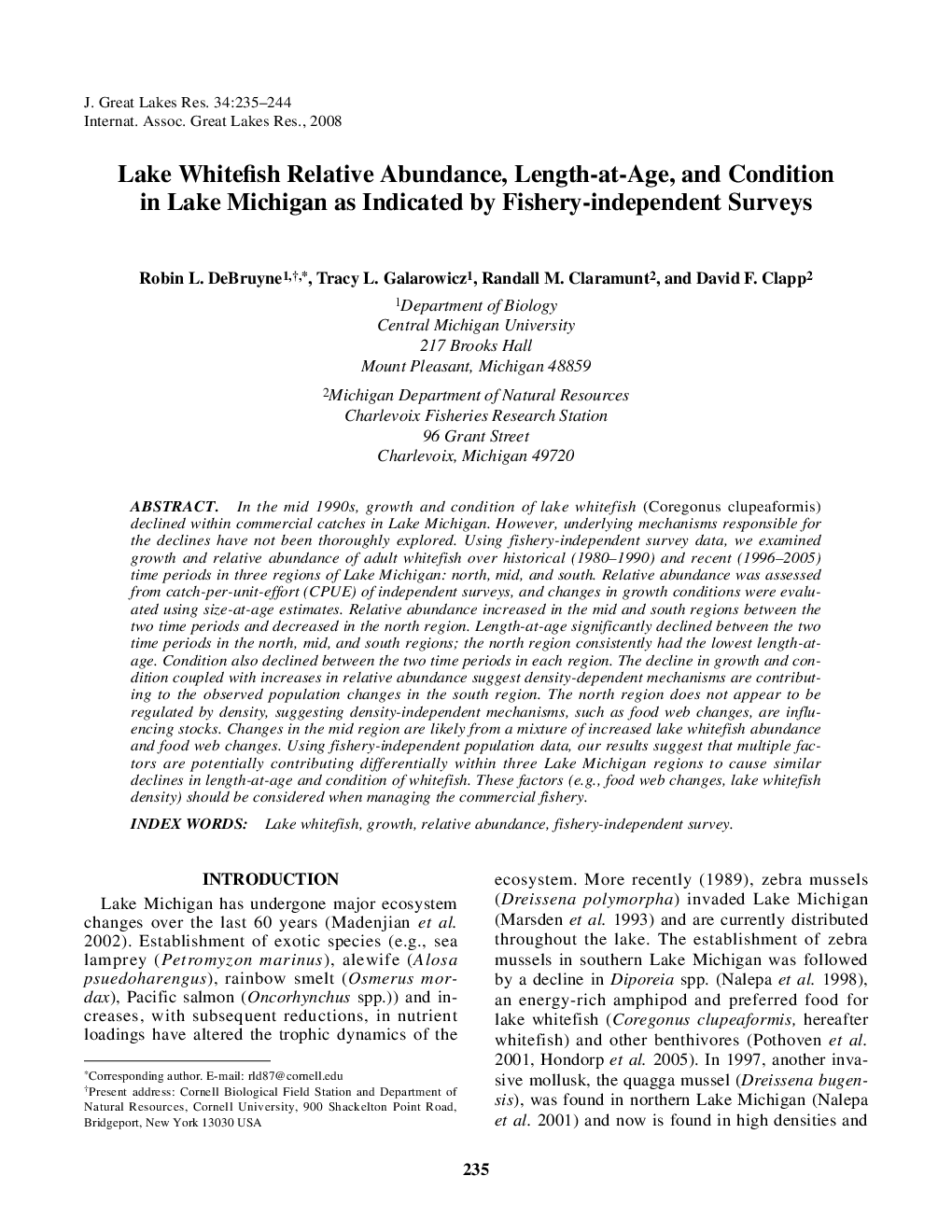 Lake Whitefish Relative Abundance, Length-at-Age, and Condition in Lake Michigan as Indicated by Fishery-independent Surveys