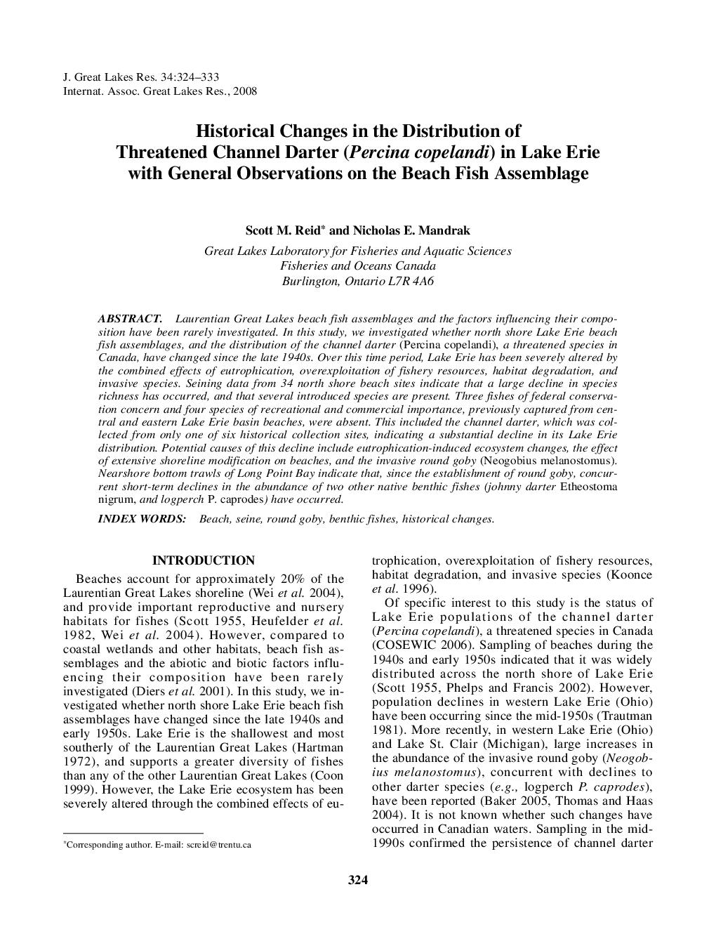 Historical Changes in the Distribution of Threatened Channel Darter (Percina copelandi) in Lake Erie with General Observations on the Beach Fish Assemblage