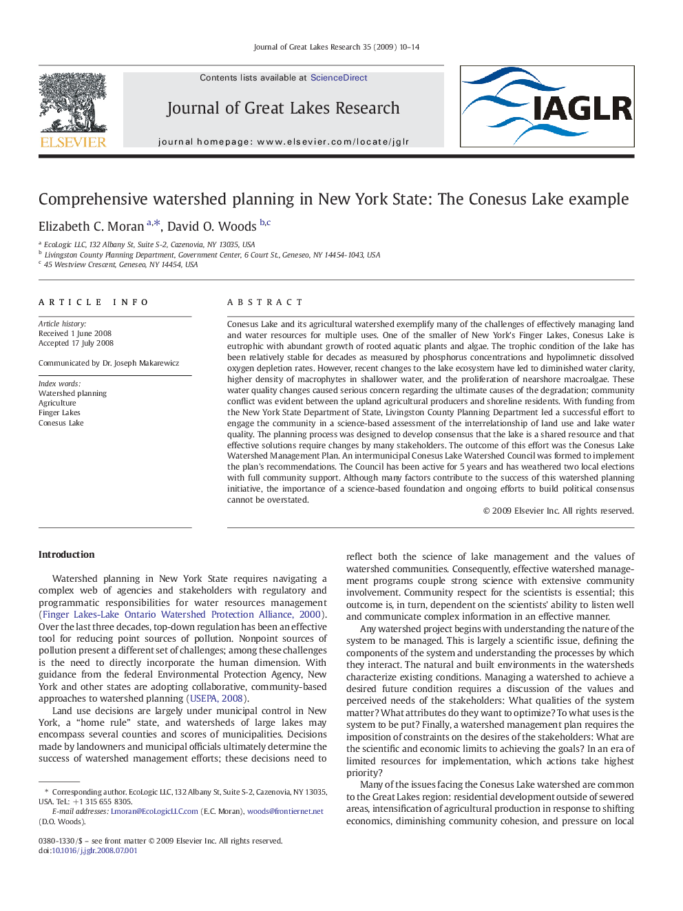 Comprehensive watershed planning in New York State: The Conesus Lake example