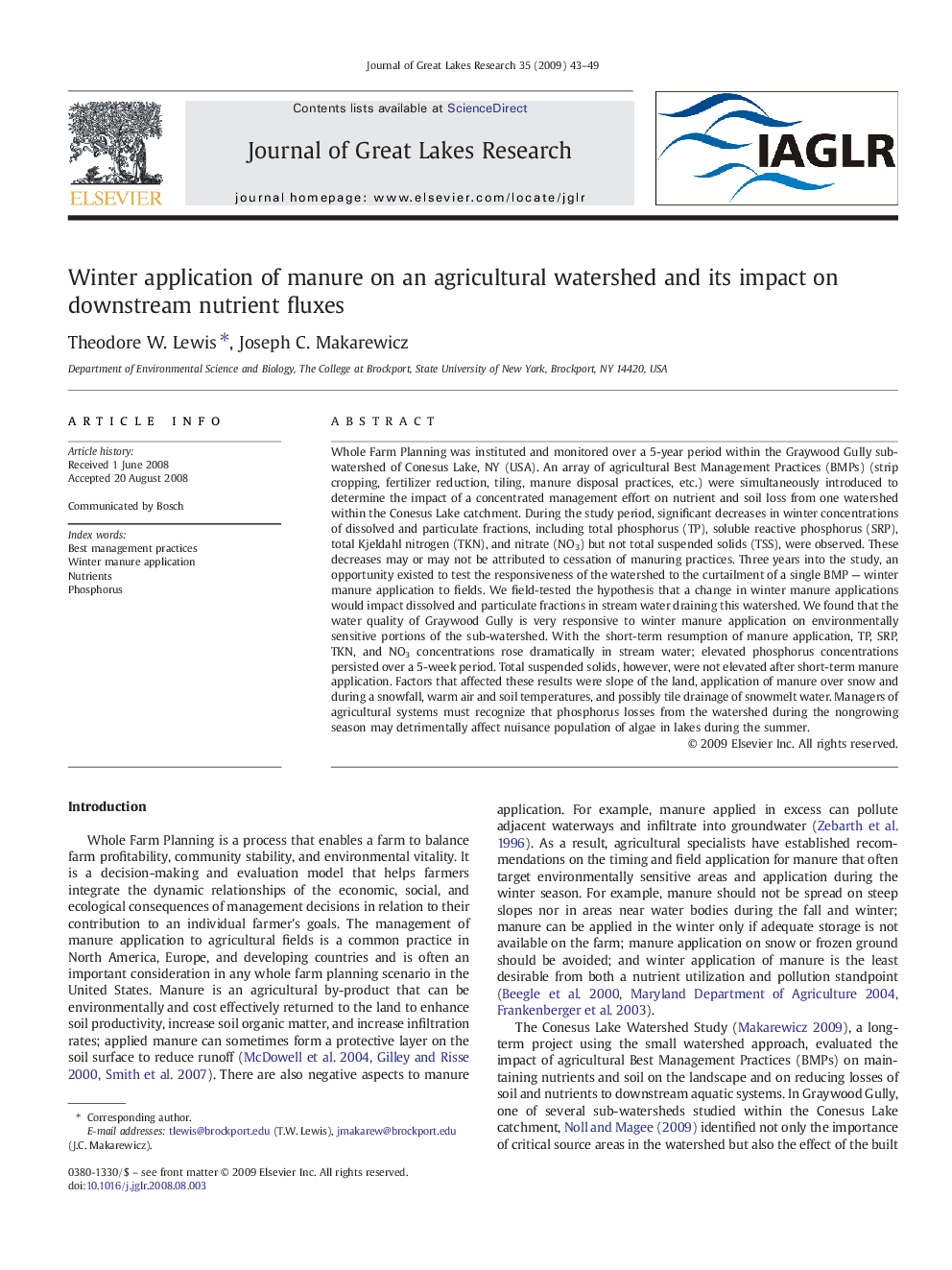 Winter application of manure on an agricultural watershed and its impact on downstream nutrient fluxes