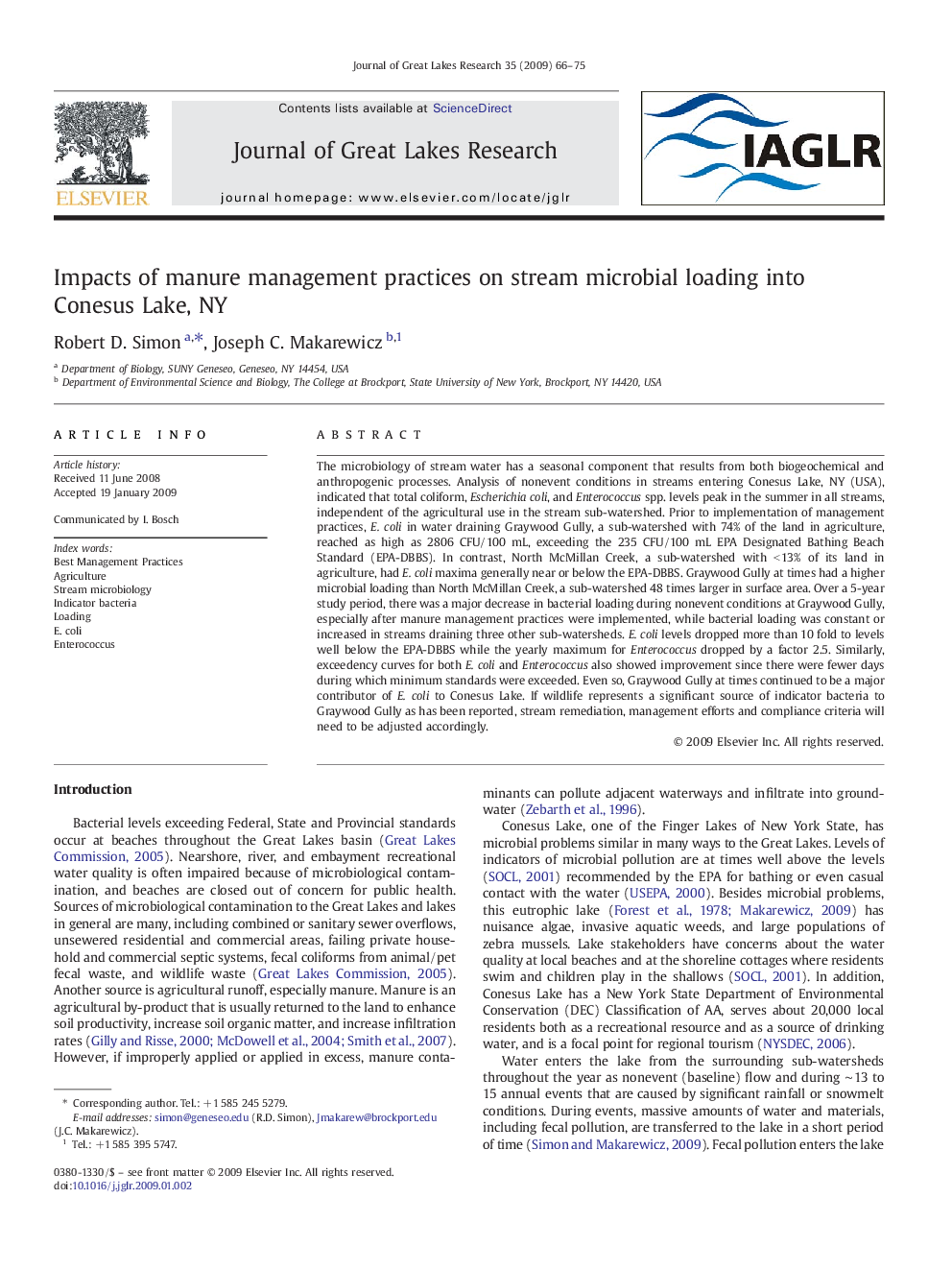 Impacts of manure management practices on stream microbial loading into Conesus Lake, NY