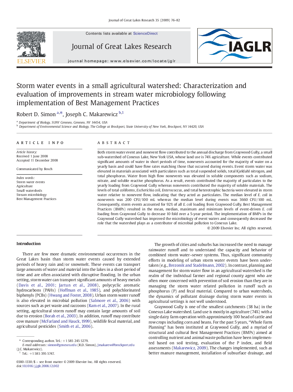 Storm water events in a small agricultural watershed: Characterization and evaluation of improvements in stream water microbiology following implementation of Best Management Practices