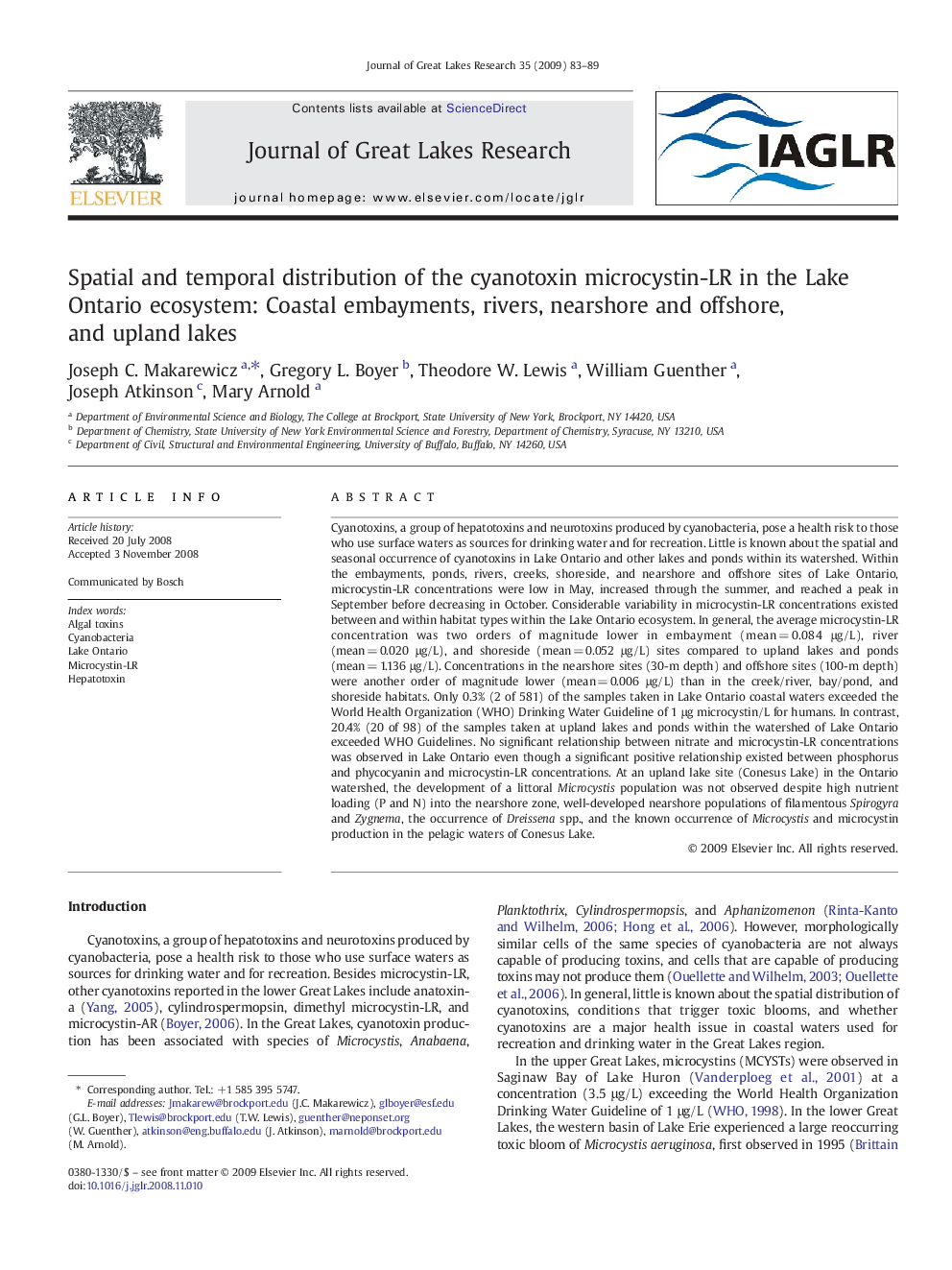 Spatial and temporal distribution of the cyanotoxin microcystin-LR in the Lake Ontario ecosystem: Coastal embayments, rivers, nearshore and offshore, and upland lakes