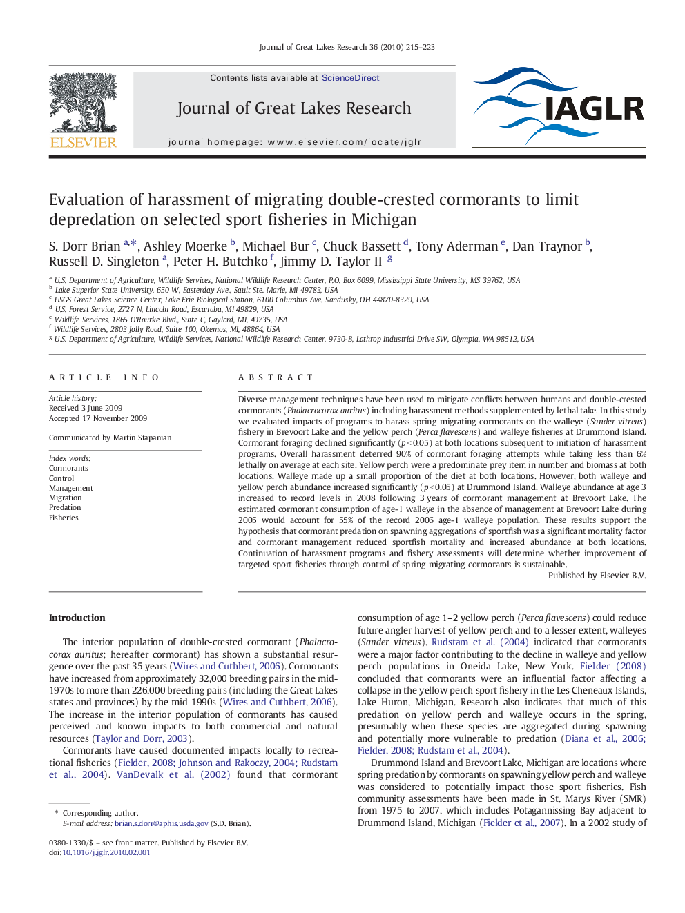 Evaluation of harassment of migrating double-crested cormorants to limit depredation on selected sport fisheries in Michigan