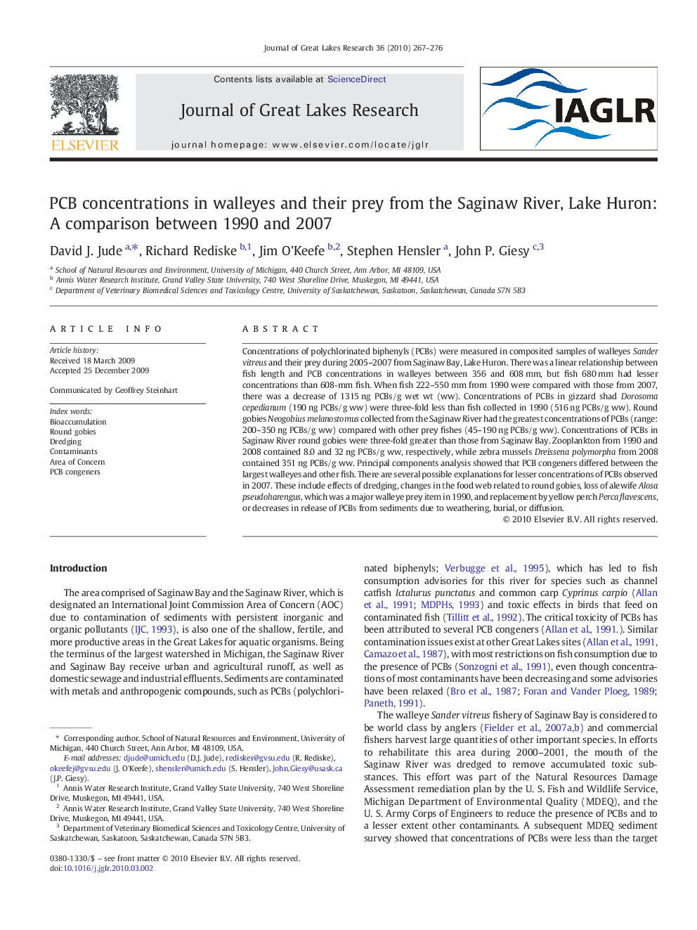 PCB concentrations in walleyes and their prey from the Saginaw River, Lake Huron: A comparison between 1990 and 2007