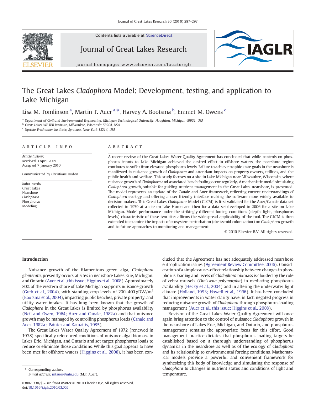 The Great Lakes Cladophora Model: Development, testing, and application to Lake Michigan