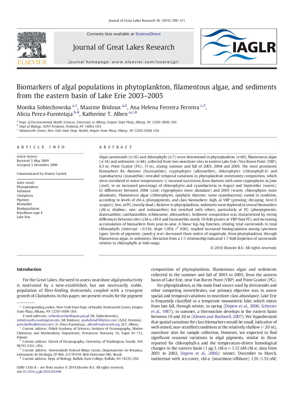 Biomarkers of algal populations in phytoplankton, filamentous algae, and sediments from the eastern basin of Lake Erie 2003–2005