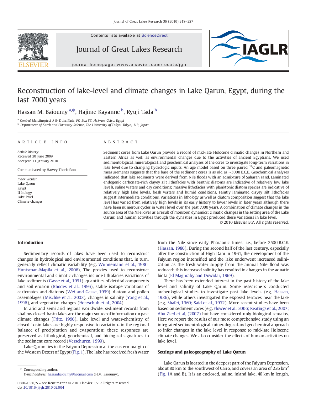 Reconstruction of lake-level and climate changes in Lake Qarun, Egypt, during the last 7000 years