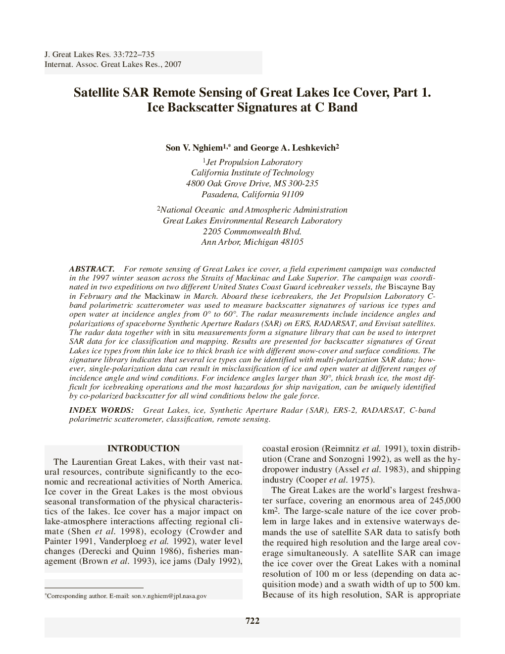 Satellite SAR Remote Sensing of Great Lakes Ice Cover, Part 1. Ice Backscatter Signatures at C Band