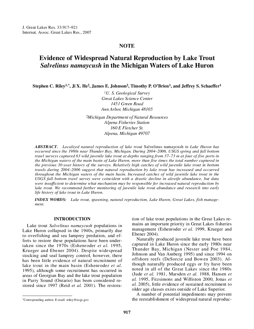 Evidence of Widespread Natural Reproduction by Lake Trout Salvelinus namaycush in the Michigan Waters of Lake Huron