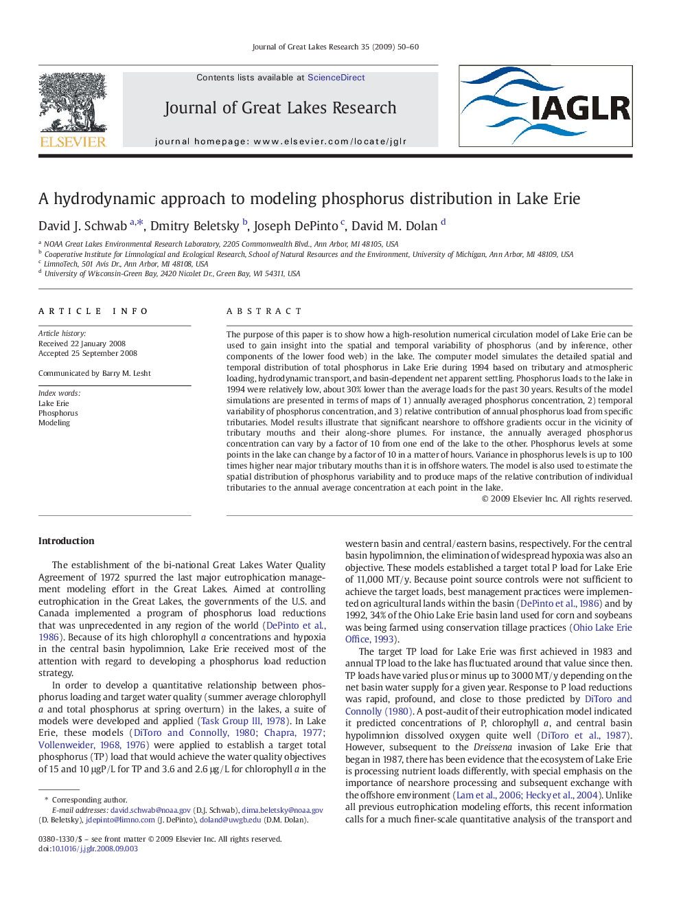 A hydrodynamic approach to modeling phosphorus distribution in Lake Erie