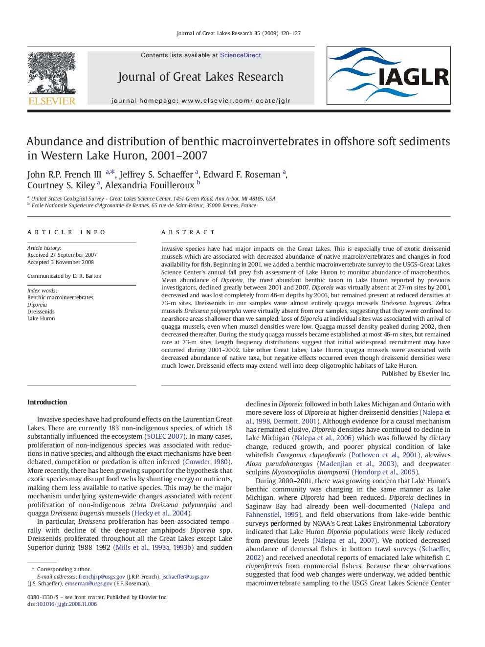 Abundance and distribution of benthic macroinvertebrates in offshore soft sediments in Western Lake Huron, 2001–2007