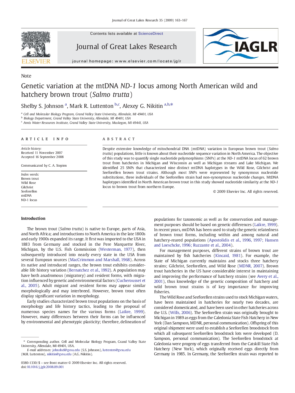 Genetic variation at the mtDNA ND-1 locus among North American wild and hatchery brown trout (Salmo trutta)