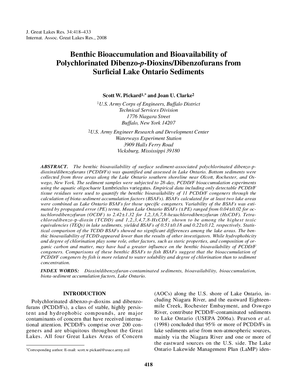 Benthic Bioaccumulation and Bioavailability of Polychlorinated Dibenzo-p-Dioxins/Dibenzofurans from Surficial Lake Ontario Sediments