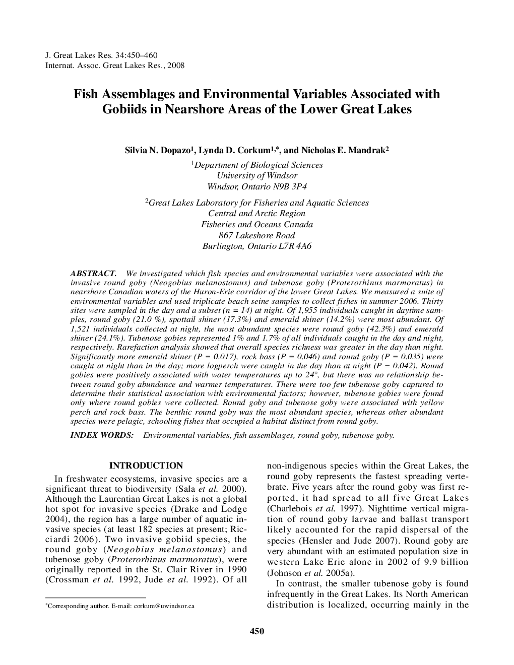 Fish Assemblages and Environmental Variables Associated with Gobiids in Nearshore Areas of the Lower Great Lakes