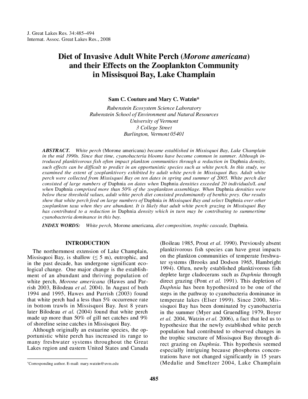 Diet of Invasive Adult White Perch (Morone americana) and their Effects on the Zooplankton Community in Missisquoi Bay, Lake Champlain