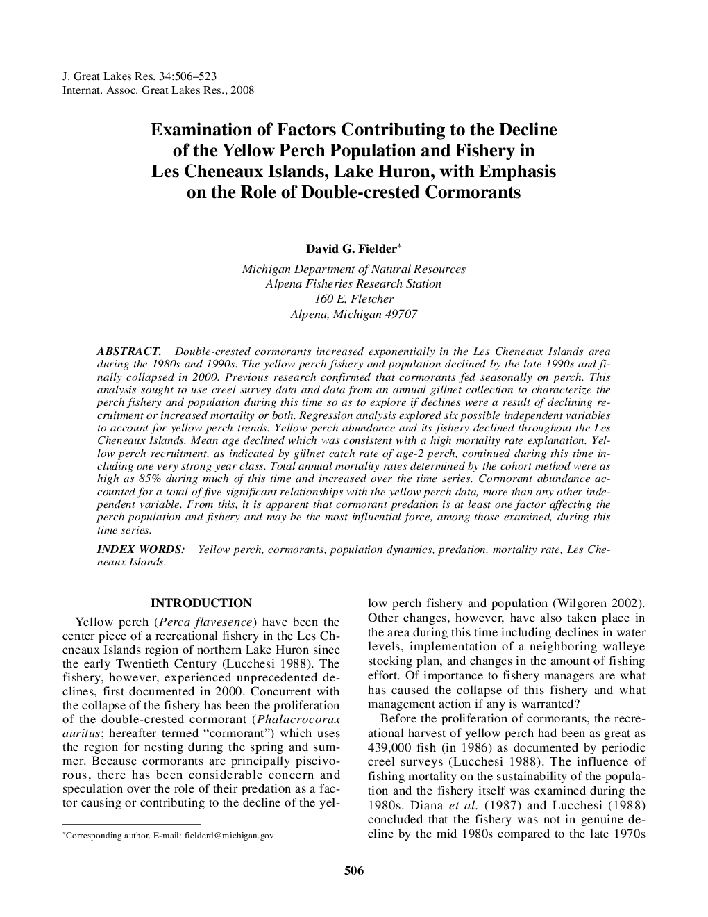 Examination of Factors Contributing to the Decline of the Yellow Perch Population and Fishery in Les Cheneaux Islands, Lake Huron, with Emphasis on the Role of Double-crested Cormorants