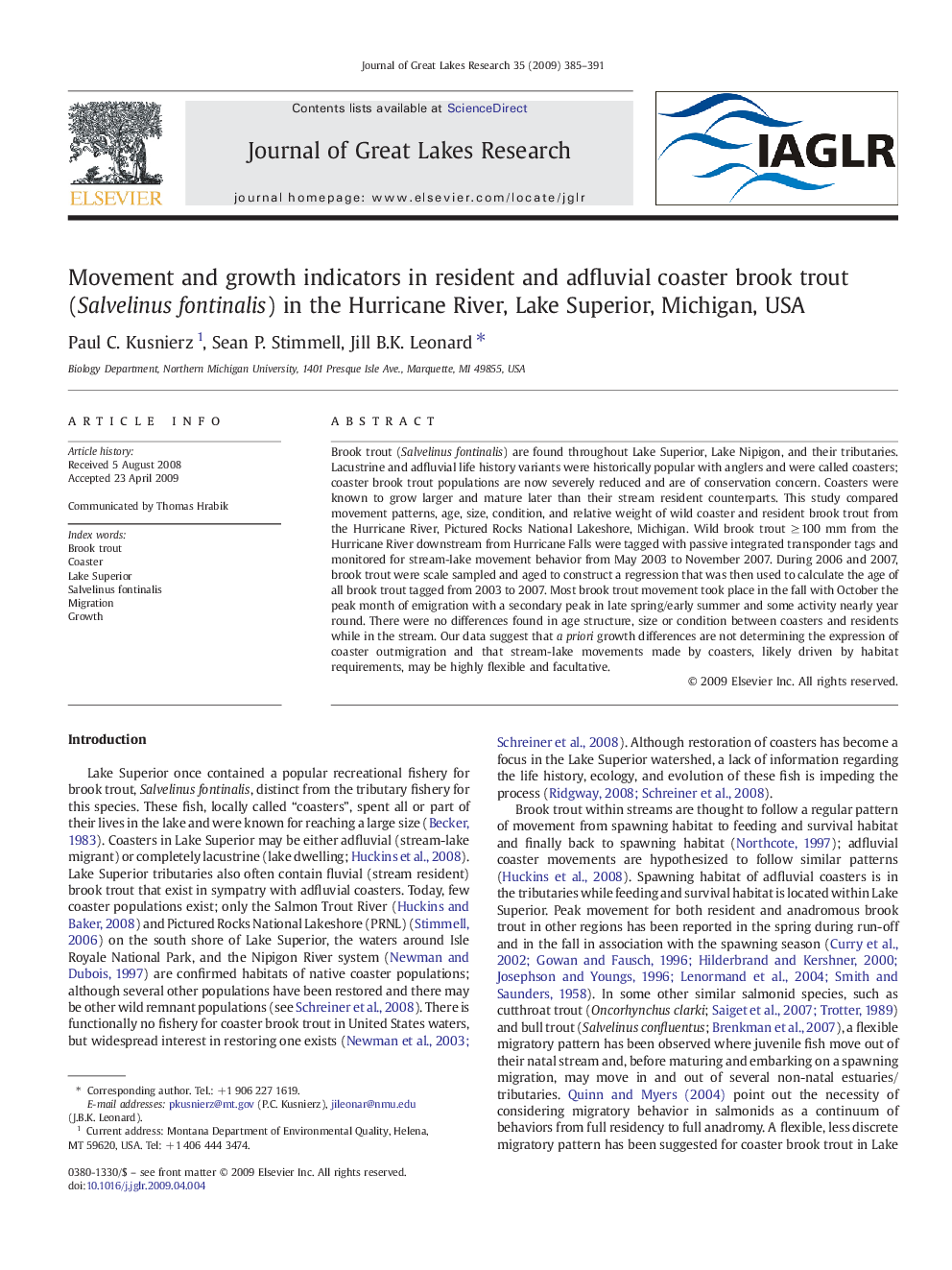 Movement and growth indicators in resident and adfluvial coaster brook trout (Salvelinus fontinalis) in the Hurricane River, Lake Superior, Michigan, USA