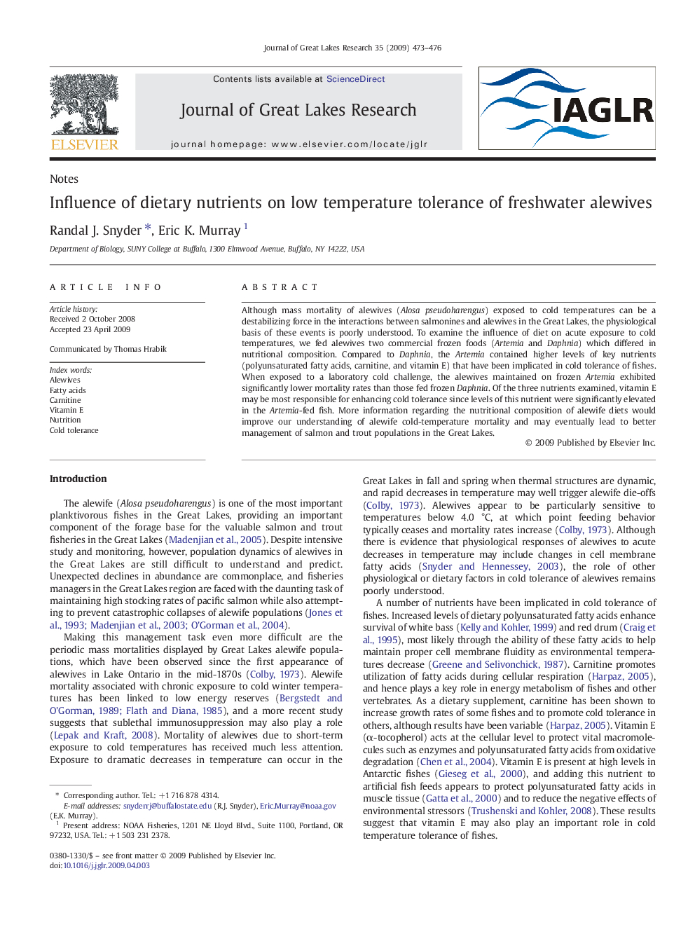 Influence of dietary nutrients on low temperature tolerance of freshwater alewives