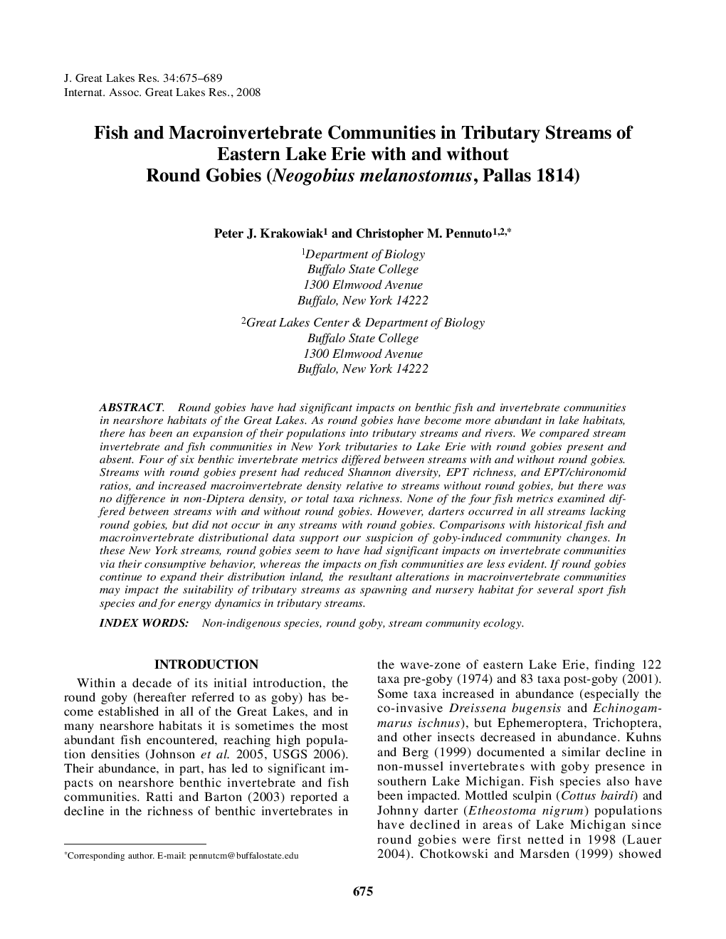 Fish and Macroinvertebrate Communities in Tributary Streams of Eastern Lake Erie with and without Round Gobies (Neogobius melanostomus, Pallas 1814)