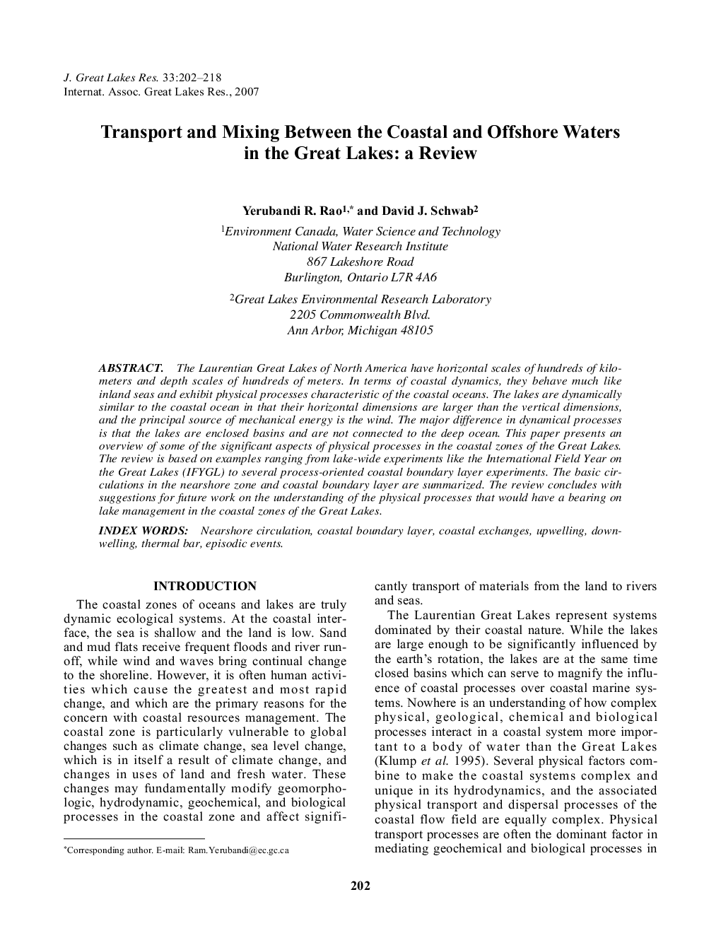Transport and Mixing Between the Coastal and Offshore Waters in the Great Lakes: a Review