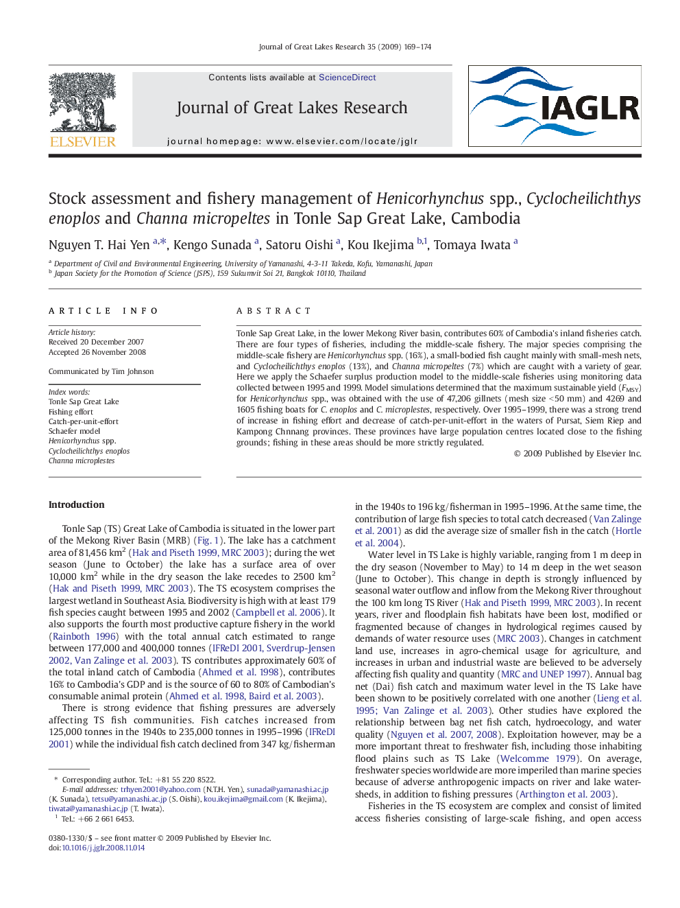 Stock assessment and fishery management of Henicorhynchus spp., Cyclocheilichthys enoplos and Channa micropeltes in Tonle Sap Great Lake, Cambodia