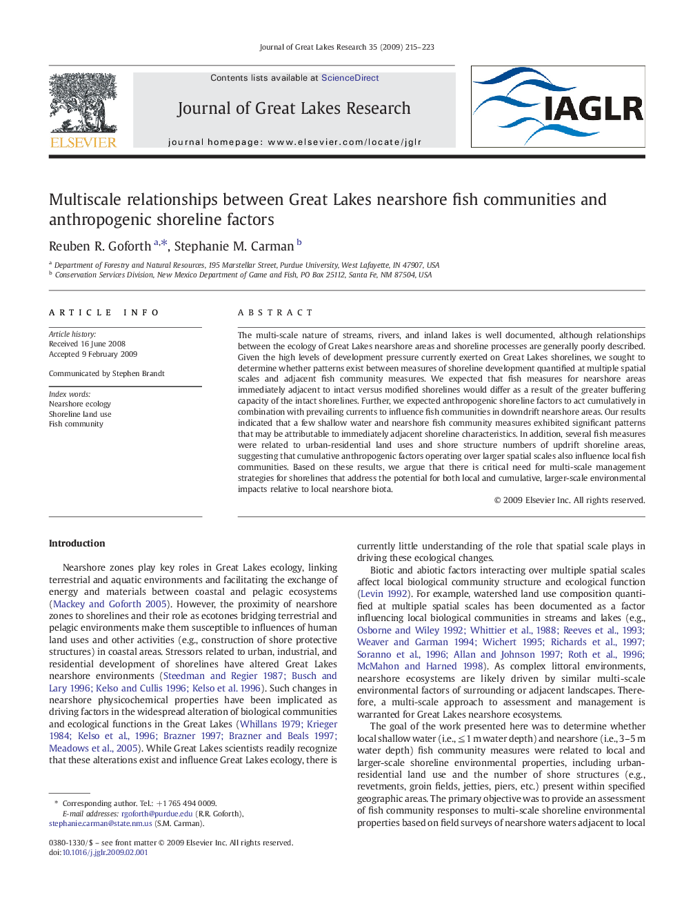 Multiscale relationships between Great Lakes nearshore fish communities and anthropogenic shoreline factors