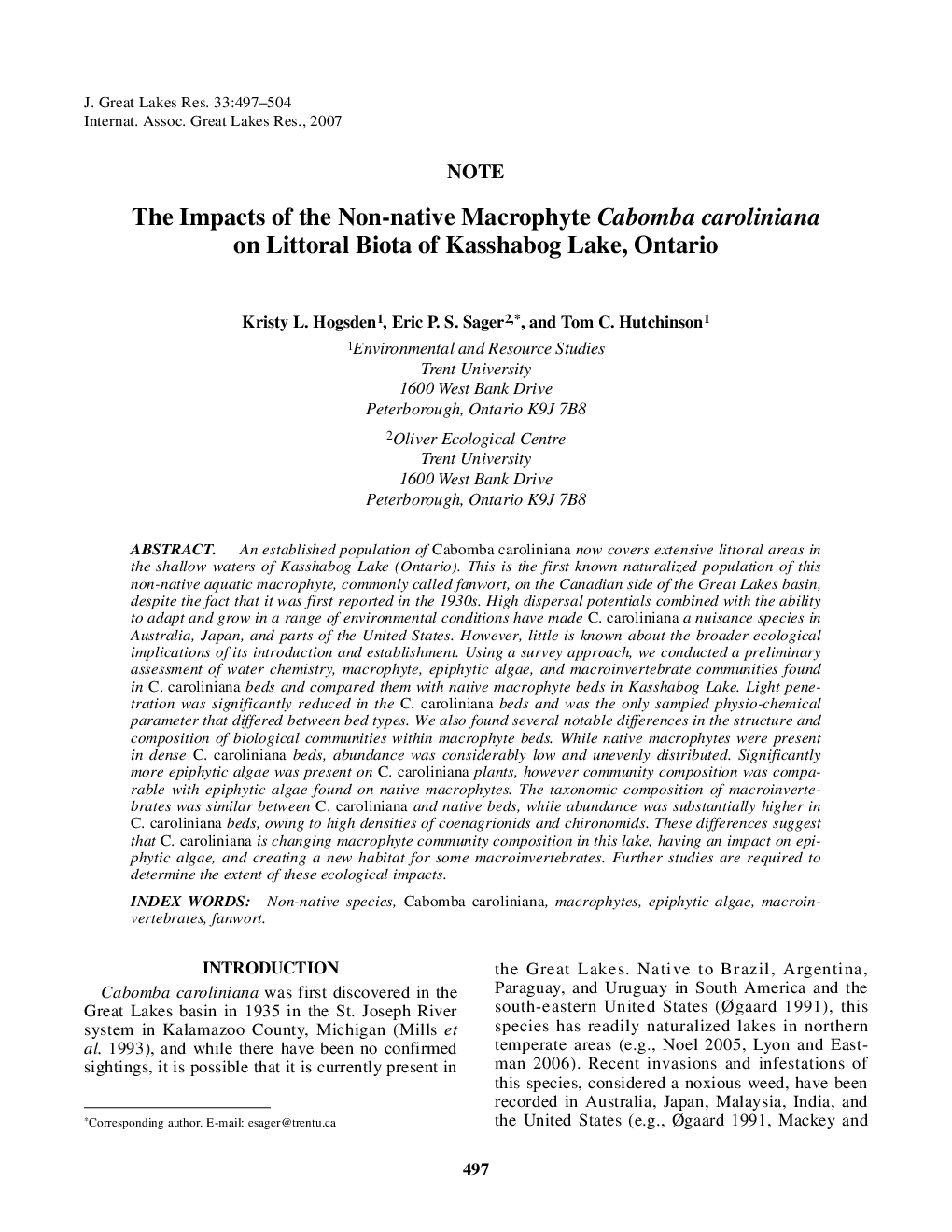 The Impacts of the Non-native Macrophyte Cabomba caroliniana on Littoral Biota of Kasshabog Lake, Ontario