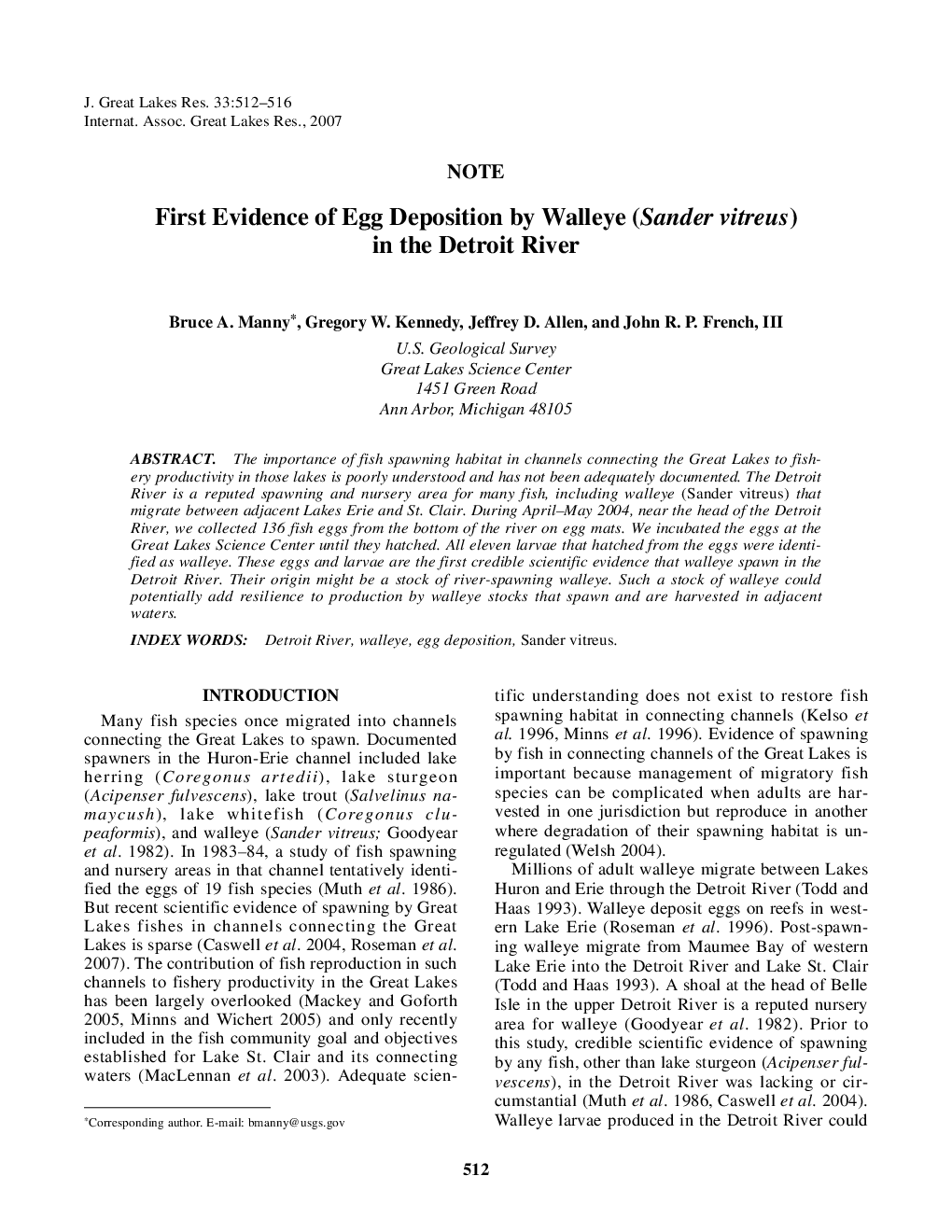 First Evidence of Egg Deposition by Walleye (Sander vitreus) in the Detroit River