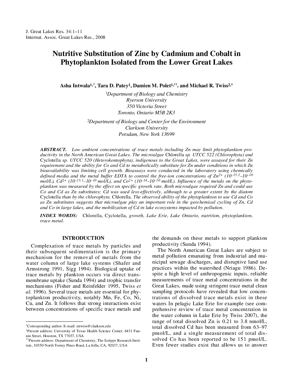 Nutritive Substitution of Zinc by Cadmium and Cobalt in Phytoplankton Isolated from the Lower Great Lakes