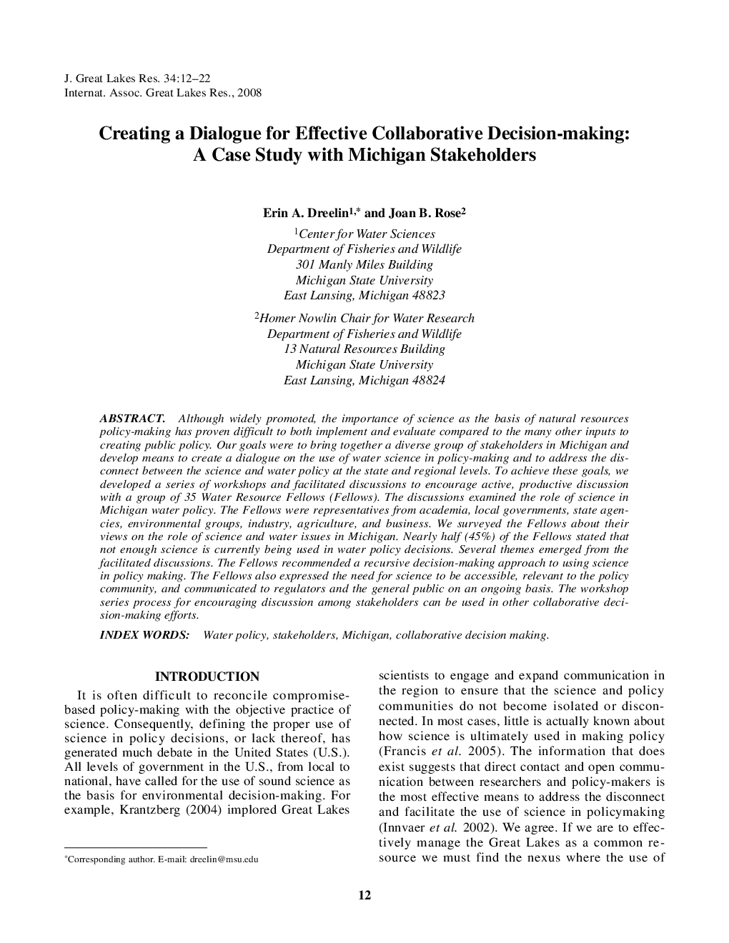 Creating a Dialogue for Effective Collaborative Decision-making: A Case Study with Michigan Stakeholders