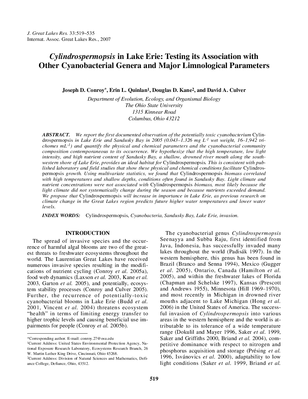 Cylindrospermopsis in Lake Erie: Testing its Association with Other Cyanobacterial Genera and Major Limnological Parameters