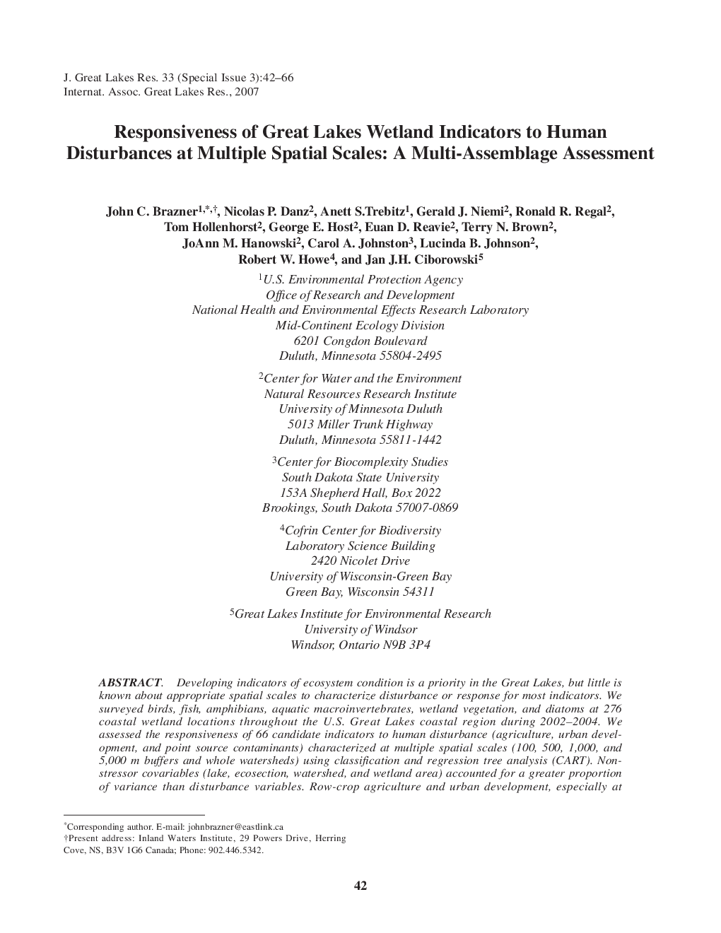 Responsiveness of Great Lakes Wetland Indicators to Human Disturbances at Multiple Spatial Scales: A Multi-Assemblage Assessment