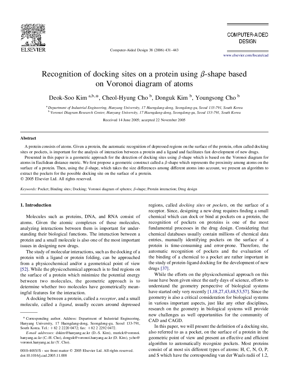 Recognition of docking sites on a protein using β-shape based on Voronoi diagram of atoms