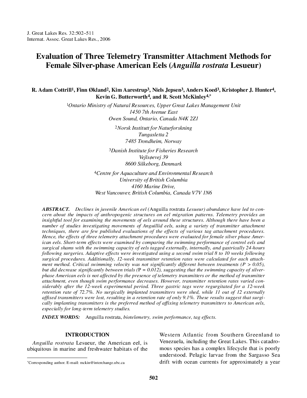 Evaluation of Three Telemetry Transmitter Attachment Methods for Female Silver-phase American Eels (Anguilla rostrata Lesueur)