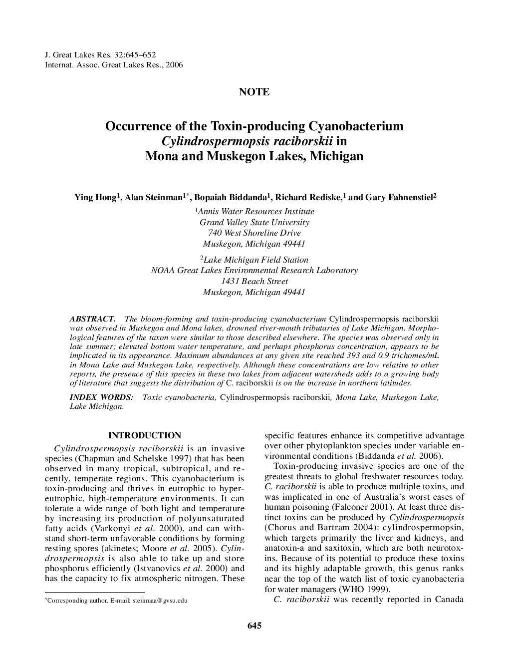 Occurrence of the Toxin-producing Cyanobacterium Cylindrospermopsis raciborskii in Mona and Muskegon Lakes, Michigan