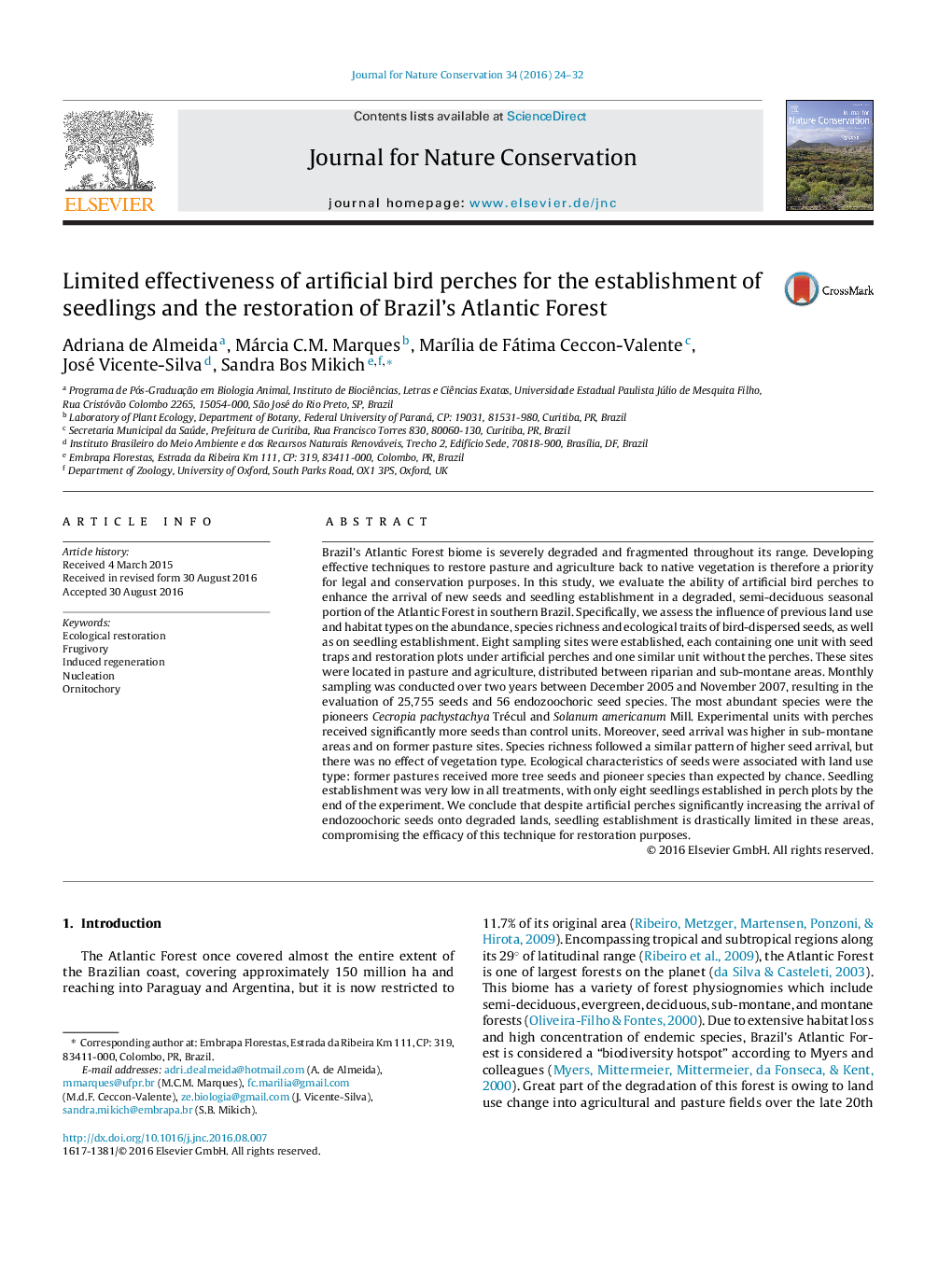 Limited effectiveness of artificial bird perches for the establishment of seedlings and the restoration of Brazil’s Atlantic Forest