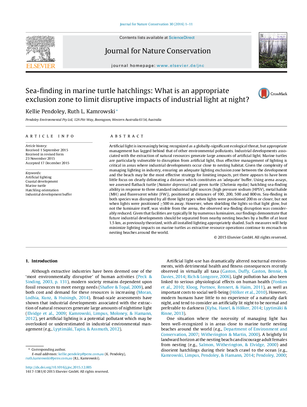 Sea-finding in marine turtle hatchlings: What is an appropriate exclusion zone to limit disruptive impacts of industrial light at night?