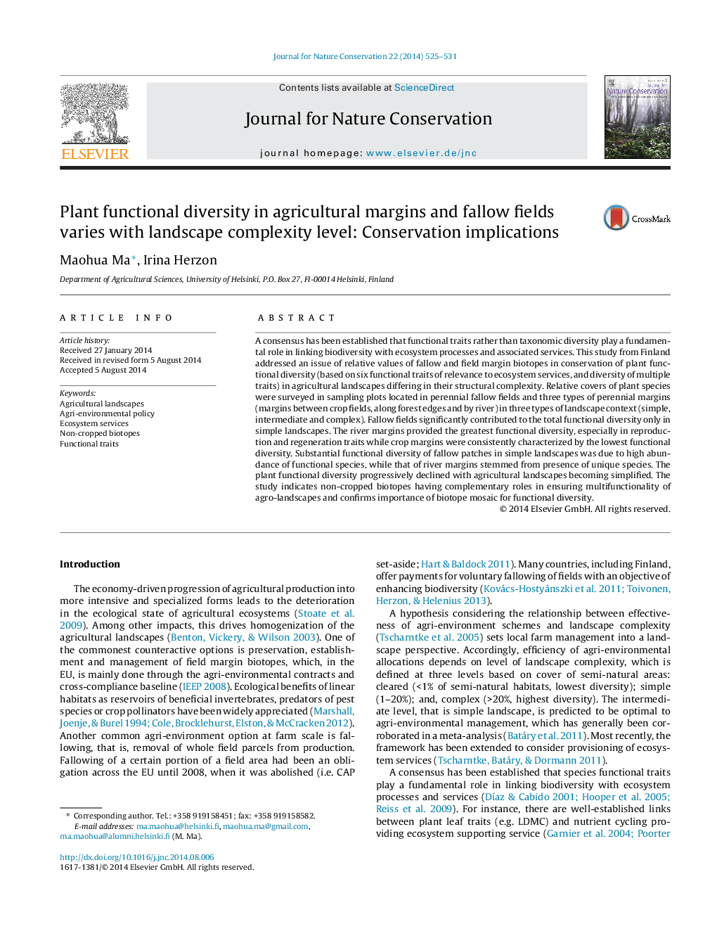 Plant functional diversity in agricultural margins and fallow fields varies with landscape complexity level: Conservation implications