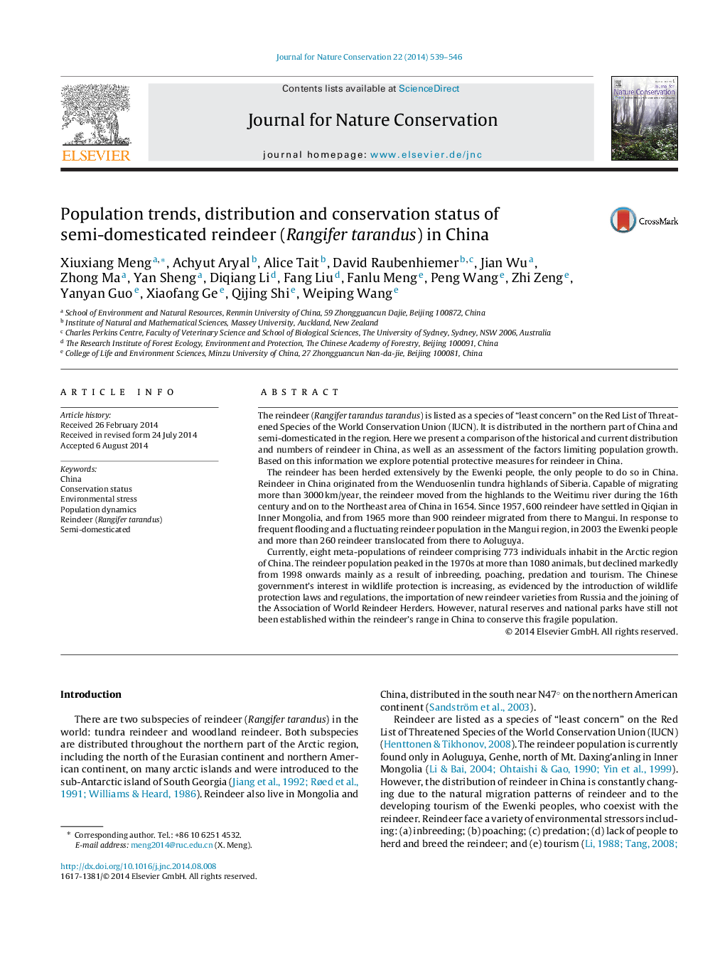 Population trends, distribution and conservation status of semi-domesticated reindeer (Rangifer tarandus) in China