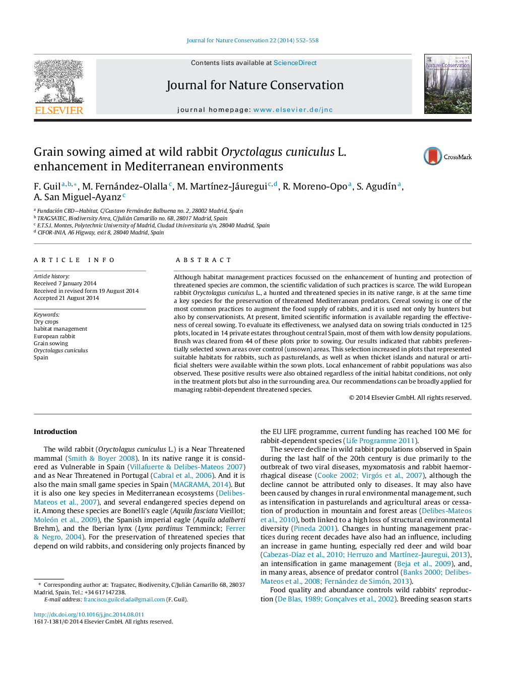 Grain sowing aimed at wild rabbit Oryctolagus cuniculus L. enhancement in Mediterranean environments