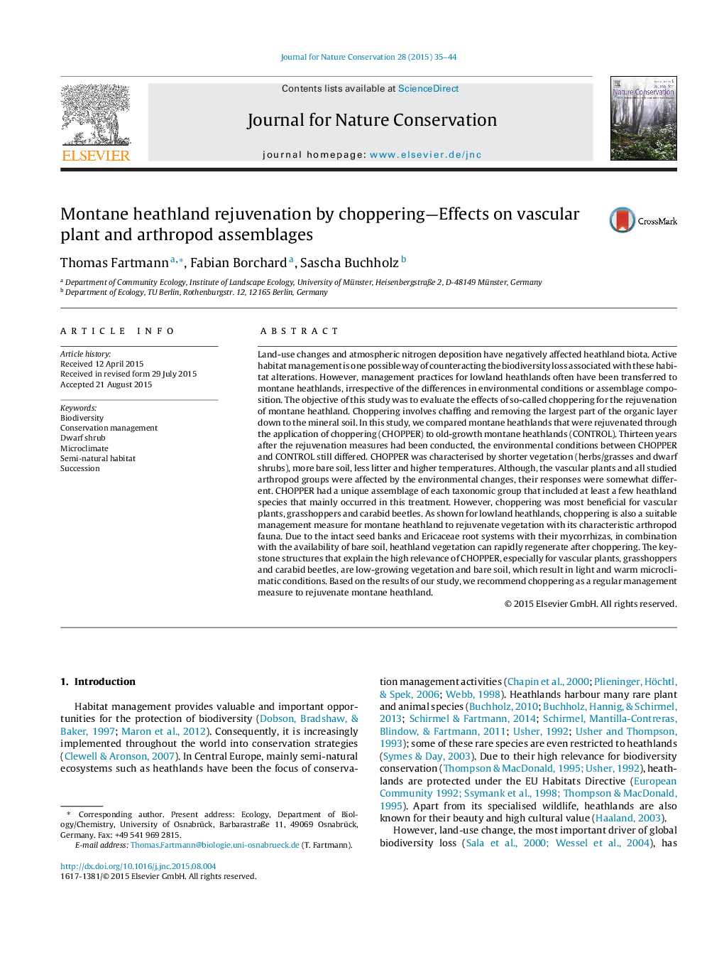 Montane heathland rejuvenation by choppering—Effects on vascular plant and arthropod assemblages