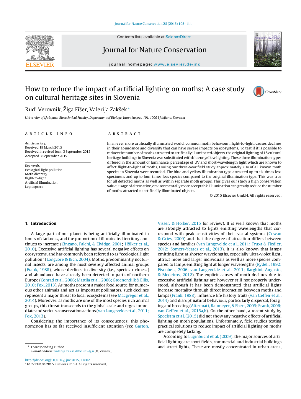 How to reduce the impact of artificial lighting on moths: A case study on cultural heritage sites in Slovenia