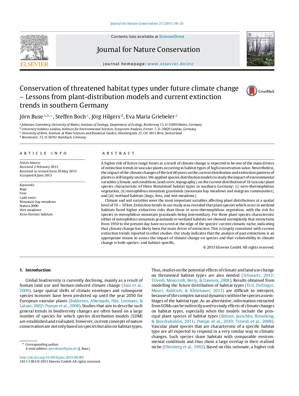 Conservation of threatened habitat types under future climate change – Lessons from plant-distribution models and current extinction trends in southern Germany