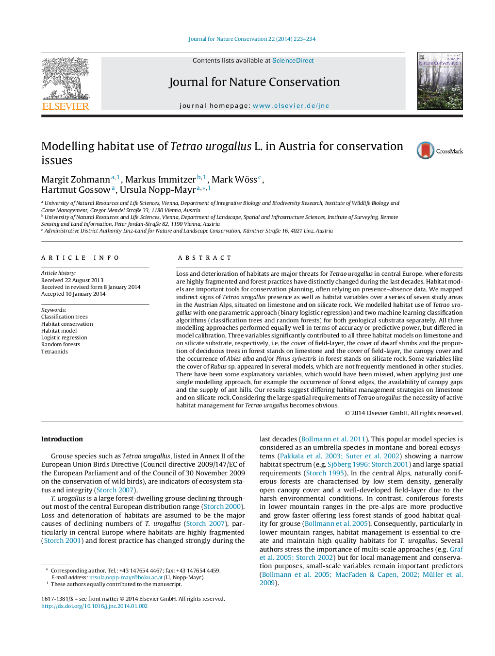 Modelling habitat use of Tetrao urogallus L. in Austria for conservation issues