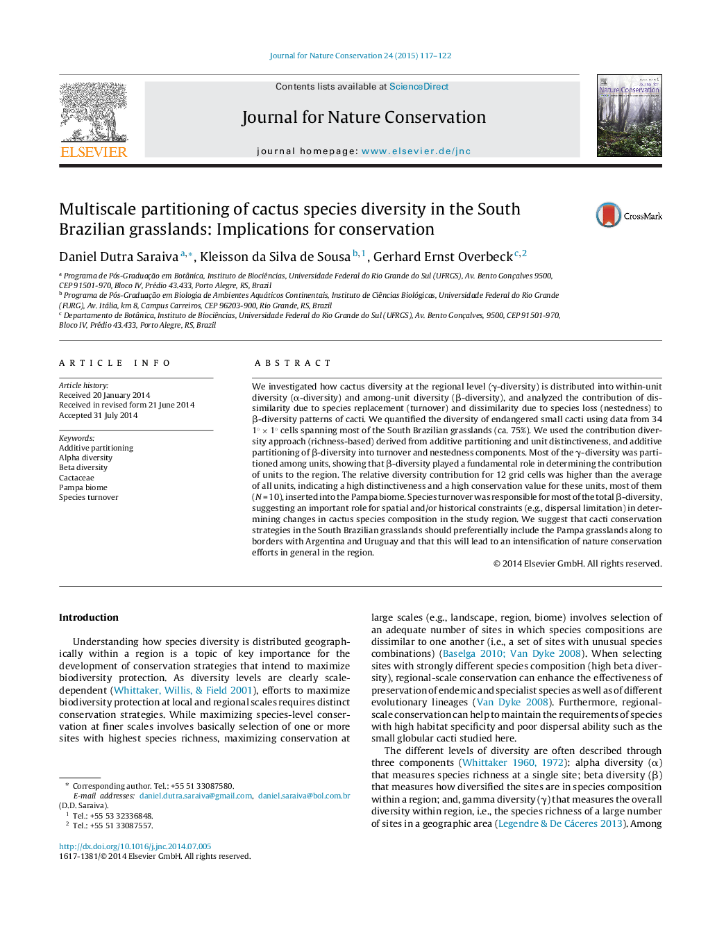 Multiscale partitioning of cactus species diversity in the South Brazilian grasslands: Implications for conservation