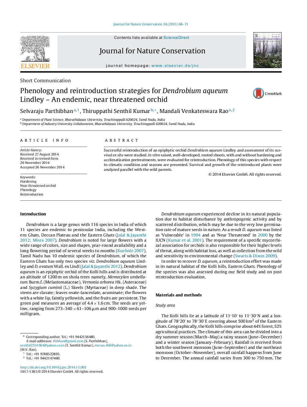 Phenology and reintroduction strategies for Dendrobium aqueum Lindley – An endemic, near threatened orchid