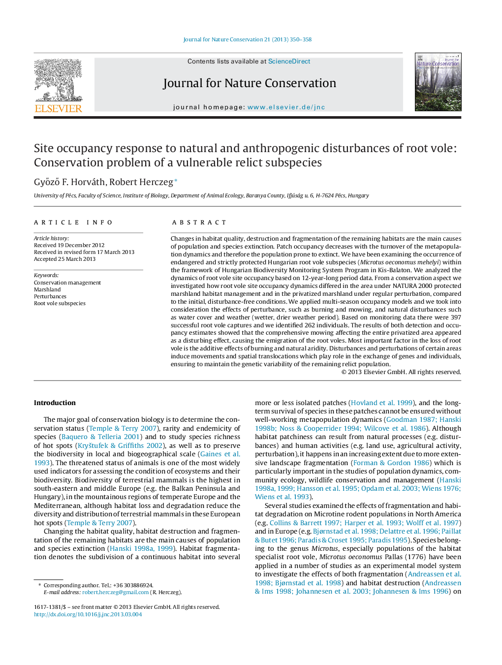 Site occupancy response to natural and anthropogenic disturbances of root vole: Conservation problem of a vulnerable relict subspecies