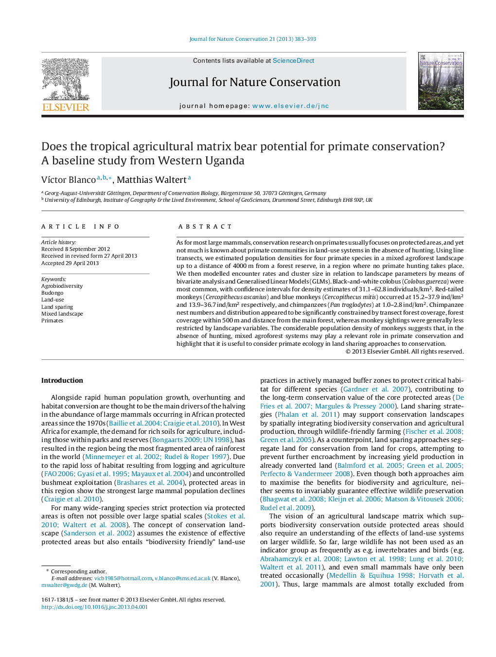 Does the tropical agricultural matrix bear potential for primate conservation? A baseline study from Western Uganda